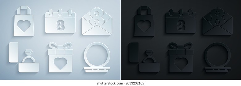 Set Geschenkbox und Herz, Umschlag mit 8. März, Diamant Verlobungsring, Schminkspiegel, Kalender und Einkaufstasche Symbol. Vektorgrafik