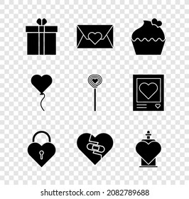 Set Gift box and heart, Envelope with Valentine, Wedding cake, Castle the shape of, Healed broken, Bottle love potion, Balloon form and Lollipop icon. Vector