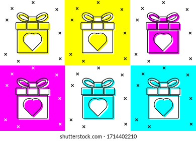 Set Gift box and heart icon isolated on color background. 8 March. International Happy Women Day.  Vector Illustration