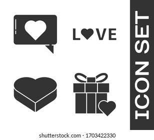 Set Gift box and heart, Like and heart, Candy in heart shaped box and Love text icon. Vector