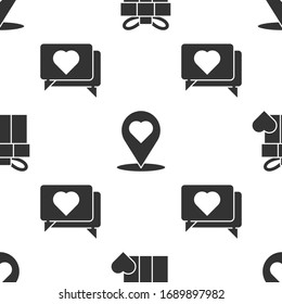 Ajuste caja de Regalo y corazón, Mapa puntero con corazón y Me gusta y corazón en un patrón sin fisuras. Vector