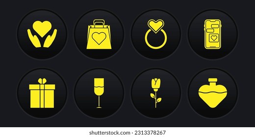 Set Gift box and heart, Mobile with, Wine glass, Flower rose, Wedding rings, Shopping bag, Bottle love potion and Heart hand icon. Vector