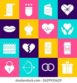 Caja de regalo y corazón, móvil con, corazón en mano, folleto del día de San Valentín, botella de poción de amor, labios sonrientes, sobre e icono de ritmo. Vector