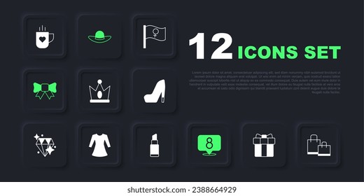 Set Gift box and heart, Paper shopping bag, King crown, 8 March, bow, Woman dress, Elegant women hat and Lipstick icon. Vector