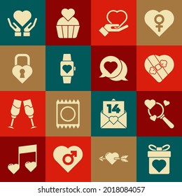 Set Geschenkbox mit Herz, Suche und Liebe, Süßigkeiten in Form, Heart on hand, die Mitte Armbanduhr, Schloss von und Sprache Blase Symbol. Vektorgrafik