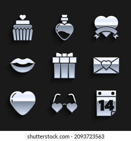 Set Gift box, Heart shaped love glasses, Calendar with February 14, Envelope Valentine heart, Smiling lips,  and Wedding cake icon. Vector