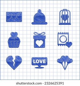 Set Gift box with heart, Speech bubble text love, Balloons in form of, Condom package, Broken divorce, Wedding cake, Heart the bird cage and Envelope Valentine icon. Vector