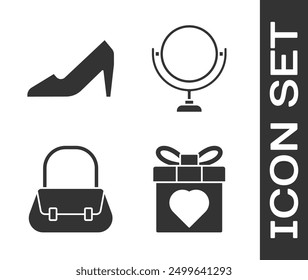 Set Gift box and heart, Woman shoe, Handbag and Round makeup mirror icon. Vector