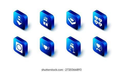 Caja de regalo con corazones, caramelo en forma, texto del amor, mano del corazón, vaso de champán, alas, paquete del condón e icono de la poción del amor de la botella. Vector