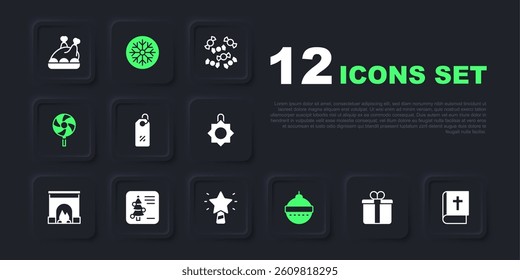 Set Gift box, Holy bible book, Discount percent tag, Christmas ball, Lollipop, postcard, Snowflake and star icon. Vector