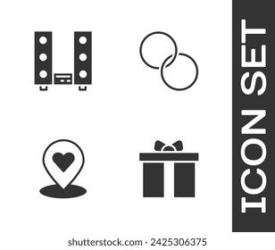 Set Gift box, Home stereo with two speakers, Location heart and Wedding rings icon. Vector