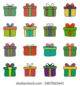 Set of gift box icon. Hand drawn doodle vector design.