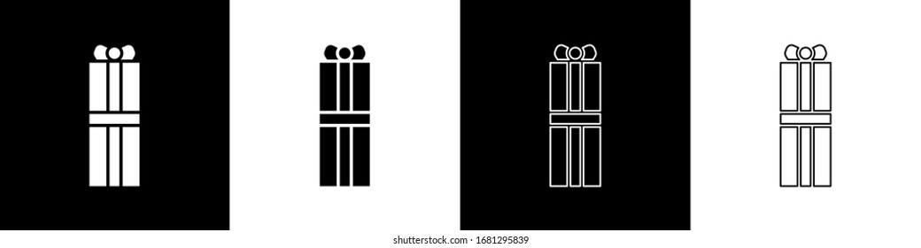 Ajuste el icono del cuadro de regalo aislado en fondo blanco y negro. Feliz cumpleaños. Ilustración vectorial