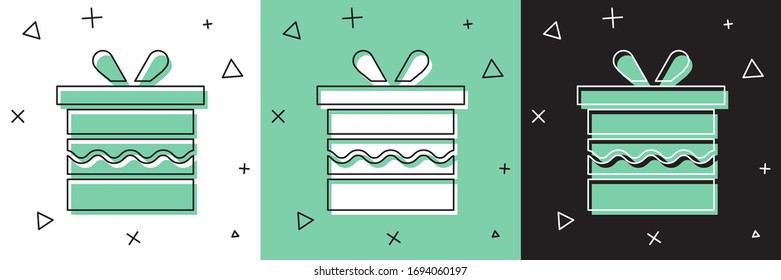 Set Gift box icon isolated on white and green, black background. Happy Birthday.  Vector Illustration