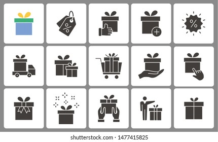 Set of gift box icons. Black vector illustration on white for graphic and web design.