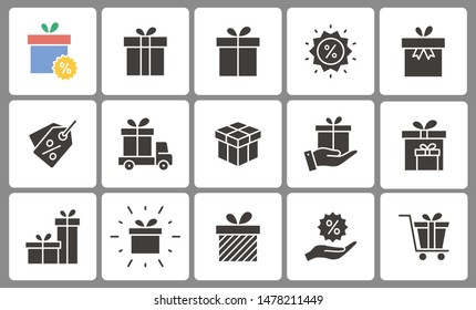 Set of gift box icons. Black vector illustration on white for graphic and web design.