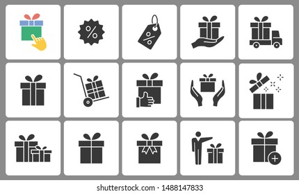 Set of gift box icons. Black vector illustration on white for graphic and web design.