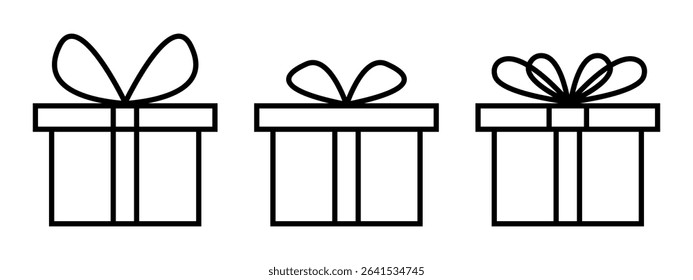 Set of gift box icons. Collection of present packages shapes with ribbon bows isolated on white background. Surprise, prize or bonus concept. Editable stroke. Vector outline illustration.