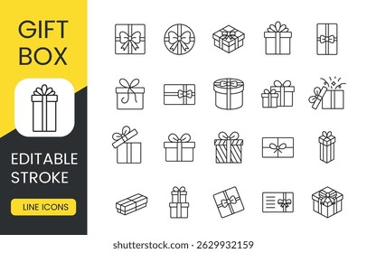 Set of gift box icons with editable stroke for e-commerce packaging birthday promotions festive visuals and holiday marketing design