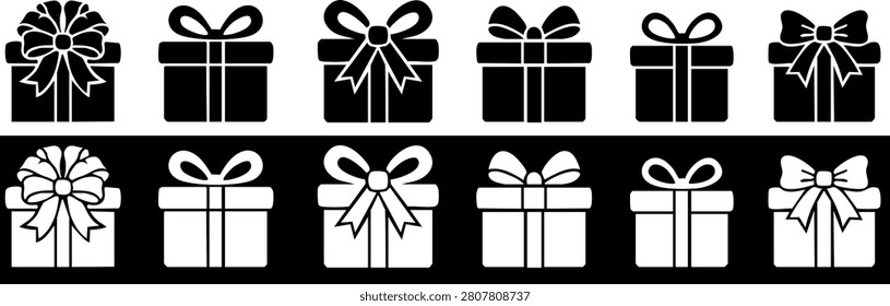 Set of gift box icons in outline and solid style. Collection of present, gift package, surprise box, open gift, gift in hand, and reward badge symbols. Modern vector illustration isolated on white background for web, app, UI, ecommerce, shopping, celebration, and holiday design.