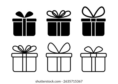 Set of gift box icons. Present package silhouettes with bows isolated on white background. Birthday or another festive event giftbox pictograms. Editable stroke. Vector graphic illustration.