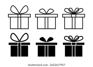 Set of gift box icons and silhouettes. Symbols of present packages with ribbon bows isolated on white background. Birthday, wedding or Christmas giftboxes pictograms. Vector graphic illustration.