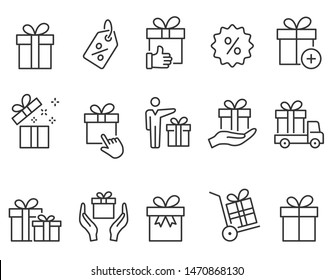 Set of gift box icons, such as present, discount, package, price tag. Vector illustration.