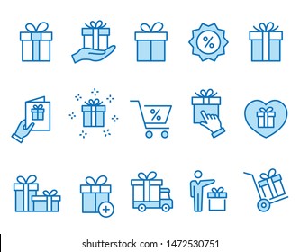 Set of gift box icons, such as present, discount, package, price tag. Vector illustration isolated for graphic and web design. Editable stroke.