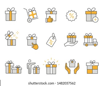 Set of gift box icons, such as present, discount, package, price tag. Vector illustration isolated for graphic and web design. Editable stroke.