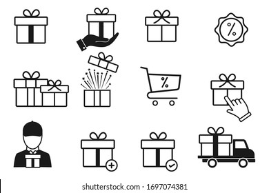 Set of gift box icons, such as present, discount, package, gift delivery, price tag. isolated on white, for graphic and web design. Editable stroke, Vector illustration 