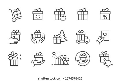 Set of gift box icons, such as present, discount, package, ribbon and more. Vector illustration. Editable stroke.