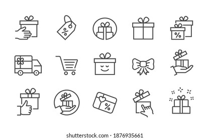 Set of gift box icons, such as present, discount, package, ribbon and more. Vector illustration. Editable stroke.