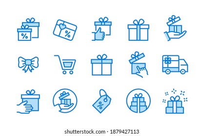Set of gift box icons, such as present, discount, package, ribbon and more. Vector illustration.