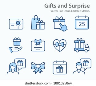 Set of gift box icons, such as present, discount, package, bow and more. Vector illustration. Editable stroke.