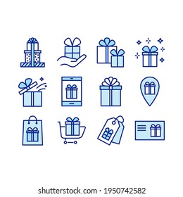 Set of gift box icons, such as Gift box, present, package, price tag, gift card. Vector outline stroke symbols for christmas, New Year surprise design.