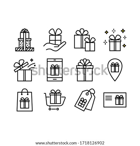 Set of gift box icons, such as Gift box, present, package, price tag, gift card. Vector outline stroke symbols for christmas, New Year surprise design. 