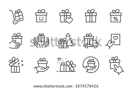 Set of gift box icons, such as present, discount, package, ribbon and more. Vector illustration. Editable stroke.