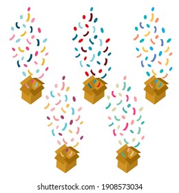 Set of gift box isolated on white background with confetti explosion. An open empty red box. Surprise box icon concept. Vector illustration