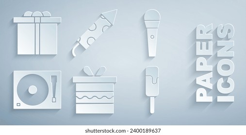 Set Gift box, Karaoke microphone, Vinyl player with vinyl disk, Ice cream, Firework rocket and  icon. Vector