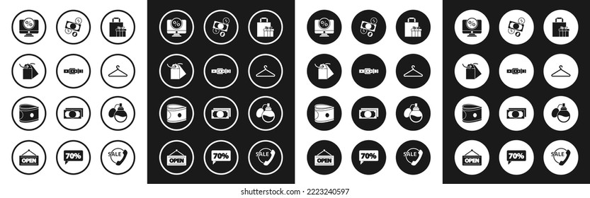 Set Gift box, Leather belt, Blank label template price tag, Percent discount and monitor, Hanger wardrobe, Money cash coin, Perfume and Stacks paper money icon. Vector