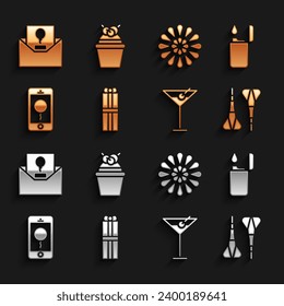 Set Gift box, Lighter, Dart arrow, Martini glass, Mobile with birthday message, Firework, Invitation and Cake icon. Vector