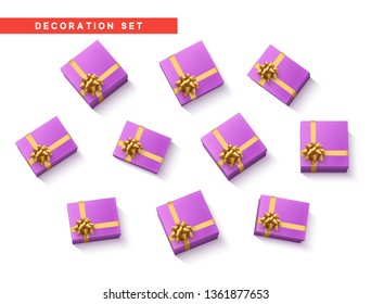 Set gift box lilac, with gold ribbon and bow. Realistic isolated different gift boxes. Flat lay, top view