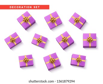 Set gift box lilac, with gold ribbon and bow. Realistic isolated different gift boxes. Flat lay, top view