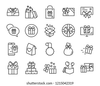 set of gift box line icons, christmas and happy new year gift