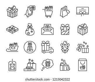 set of gift box line icons, christmas and happy new year gift