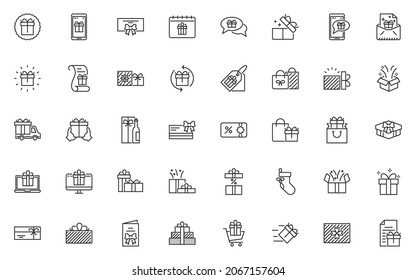 set of gift box line icons, present, birthday gift