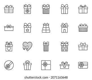 set of gift box line icons, present, birthday, new year, valentine, christmas, party, celebration