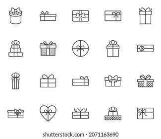 conjunto de iconos de la línea de caja de regalo, presente, cumpleaños, año nuevo, valentina, navidad, fiesta, celebración