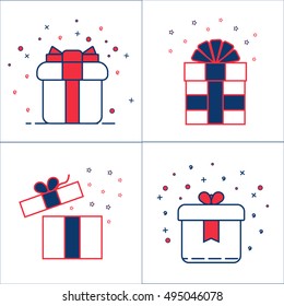 Set of a gift box in line style.
Gift boxes icons isolated on white, open gift box, gift box with a ribbon. 
Present for Christmas and other holiday illustration. Christmas icon set. New Year set.