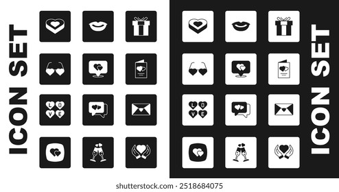 Definir caixa de presente, Localização com coração, Copos de amor em forma de coração, Candy in, Valentines Day Flyer, Lábios sorridentes, Envelope e ícone de texto Amor. Vetor